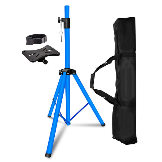 Sky blue speaker stand tripod with adjustable pole and mounting plate, includes carry bag