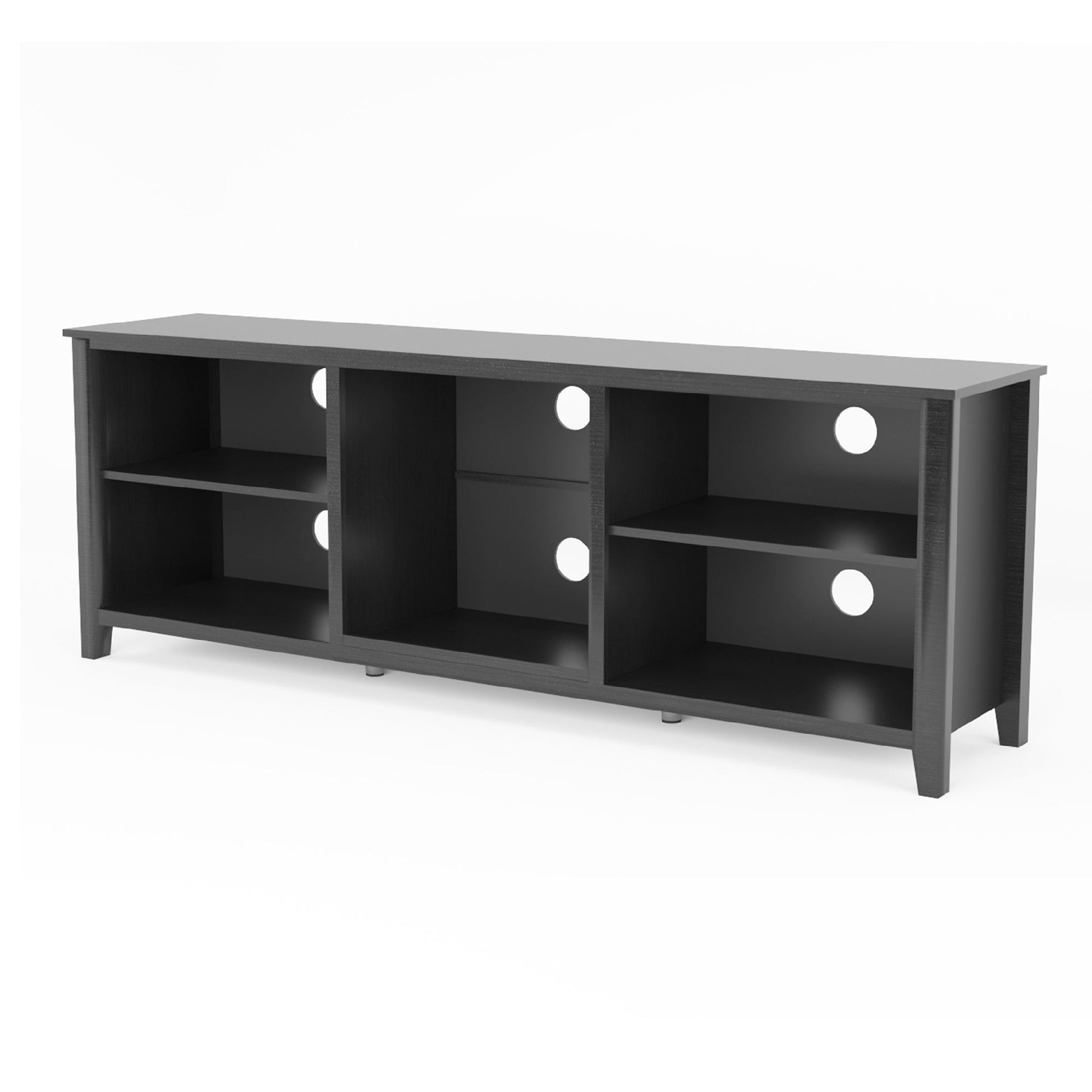 Black TV stand storage console with open cubbies and drawers with round pulls.