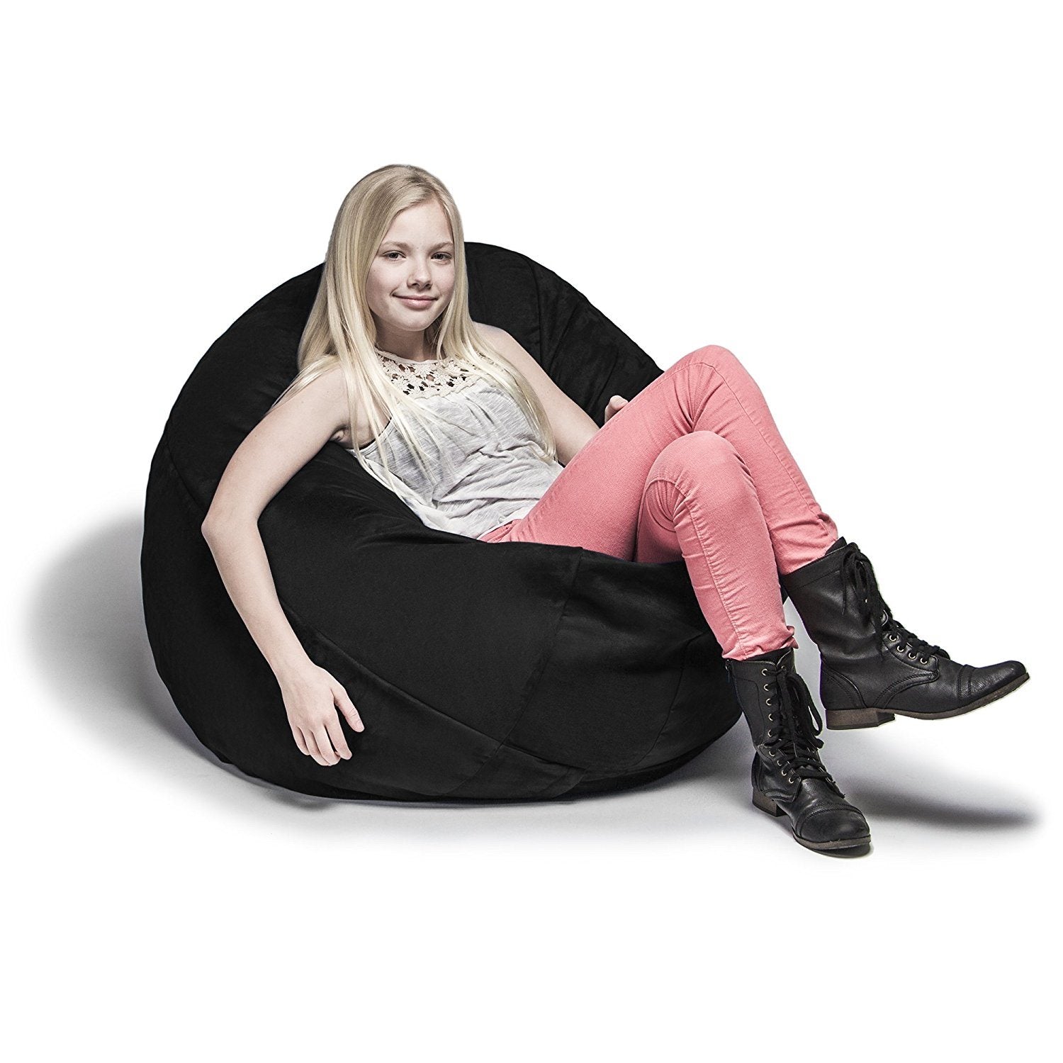 Kids cocoon bean bag in black microsuede, rounded bean bag with deep seat.