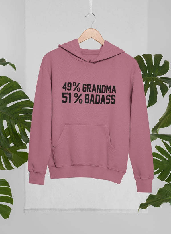Mauve pullover hoodie with 49% Grandma 51% Badass text print and front pocket