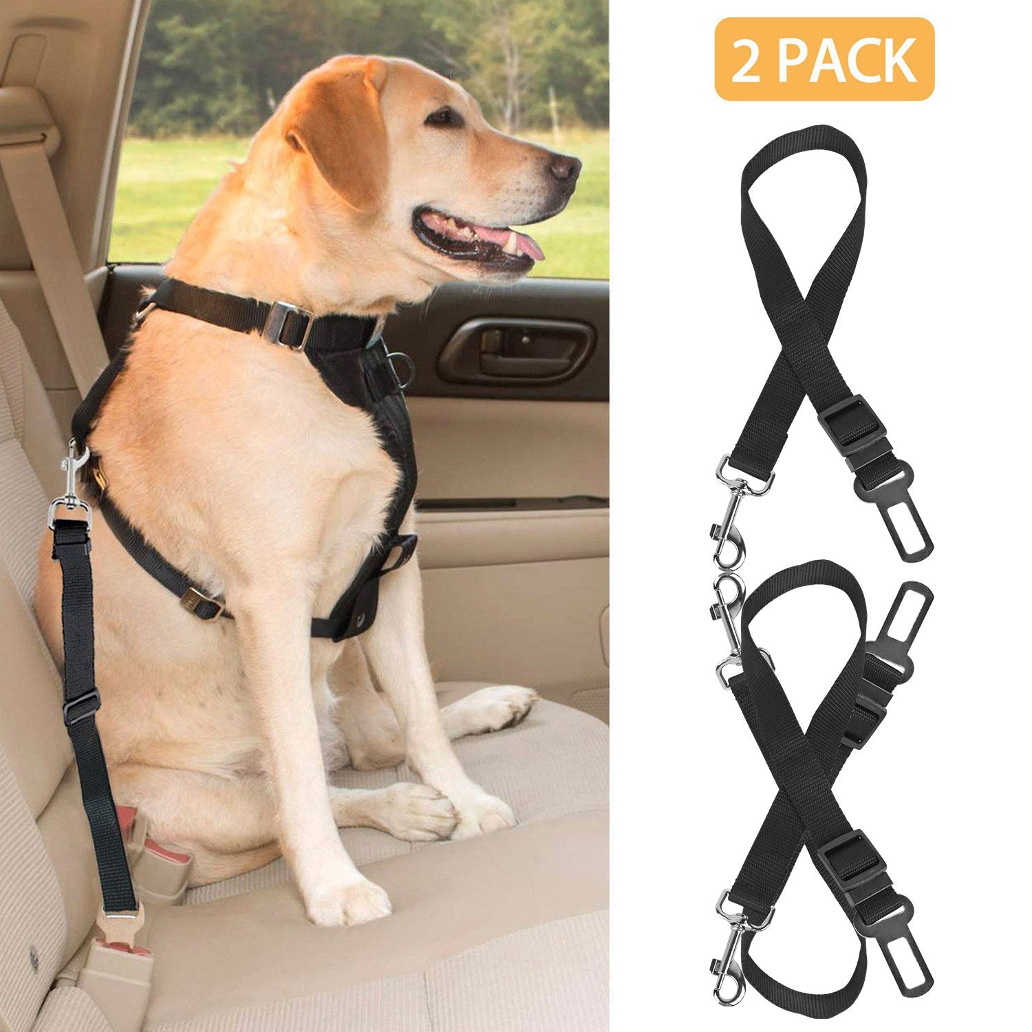 Black pet safety seat belt leash set attached to a dog harness in a car seat.