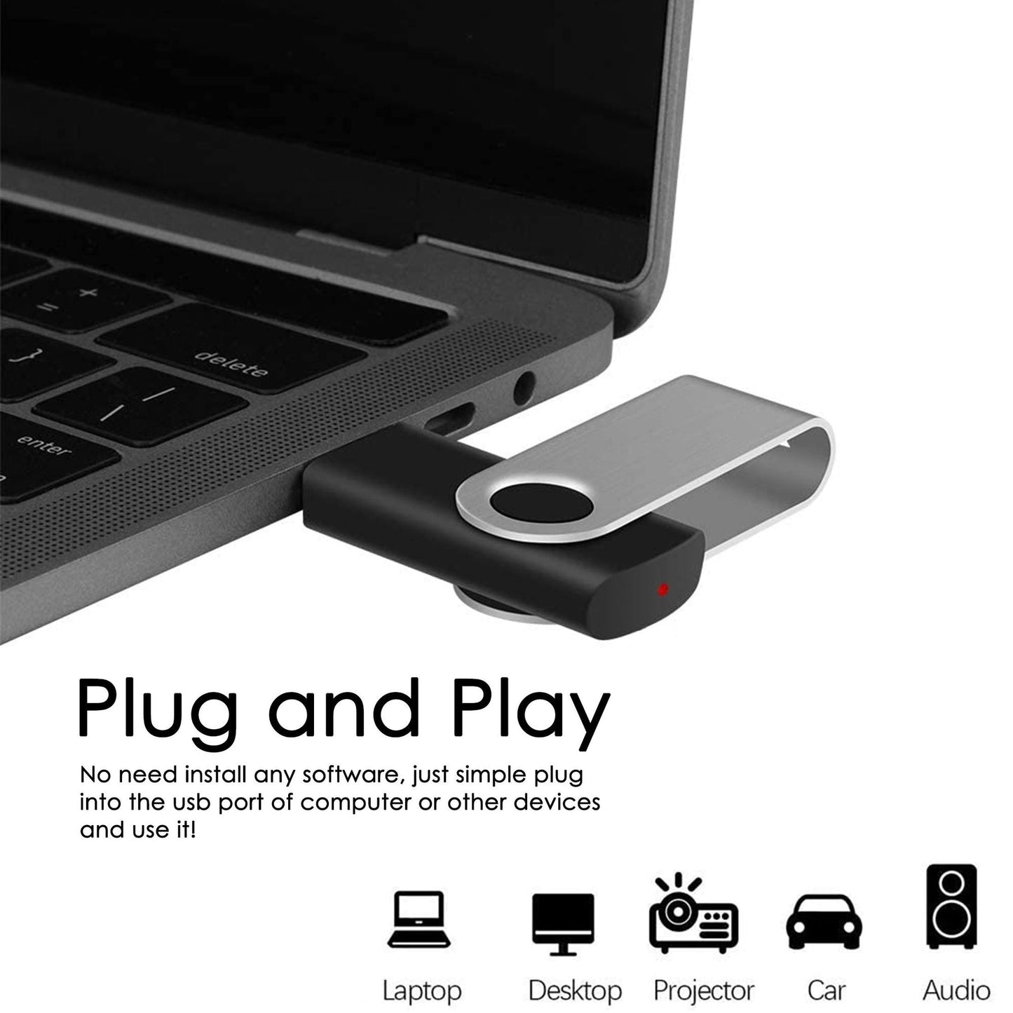 Black swivel USB flash drive plugged into laptop USB port with small red indicator