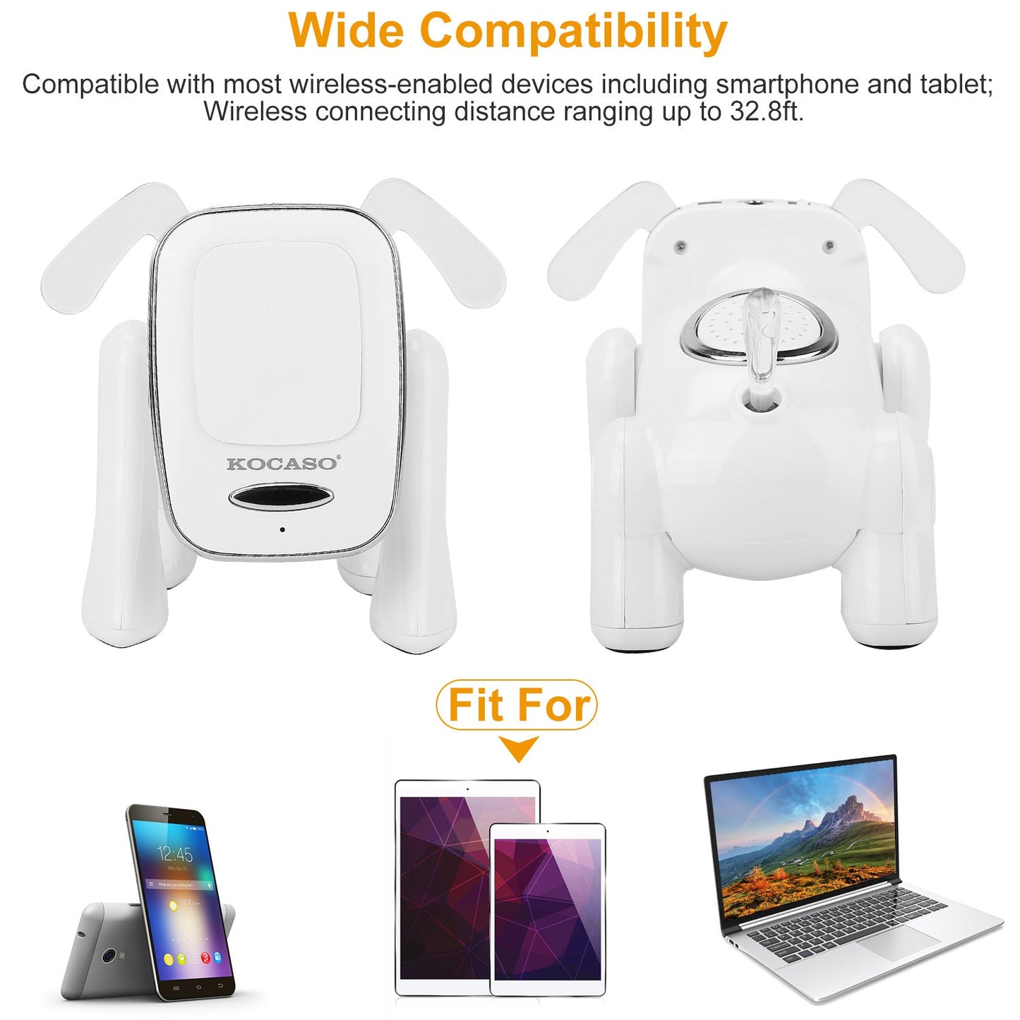 White puppy-shaped wireless speaker front and back view with two side antennas