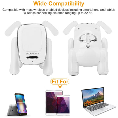 White puppy-shaped wireless speaker front and back view with two side antennas