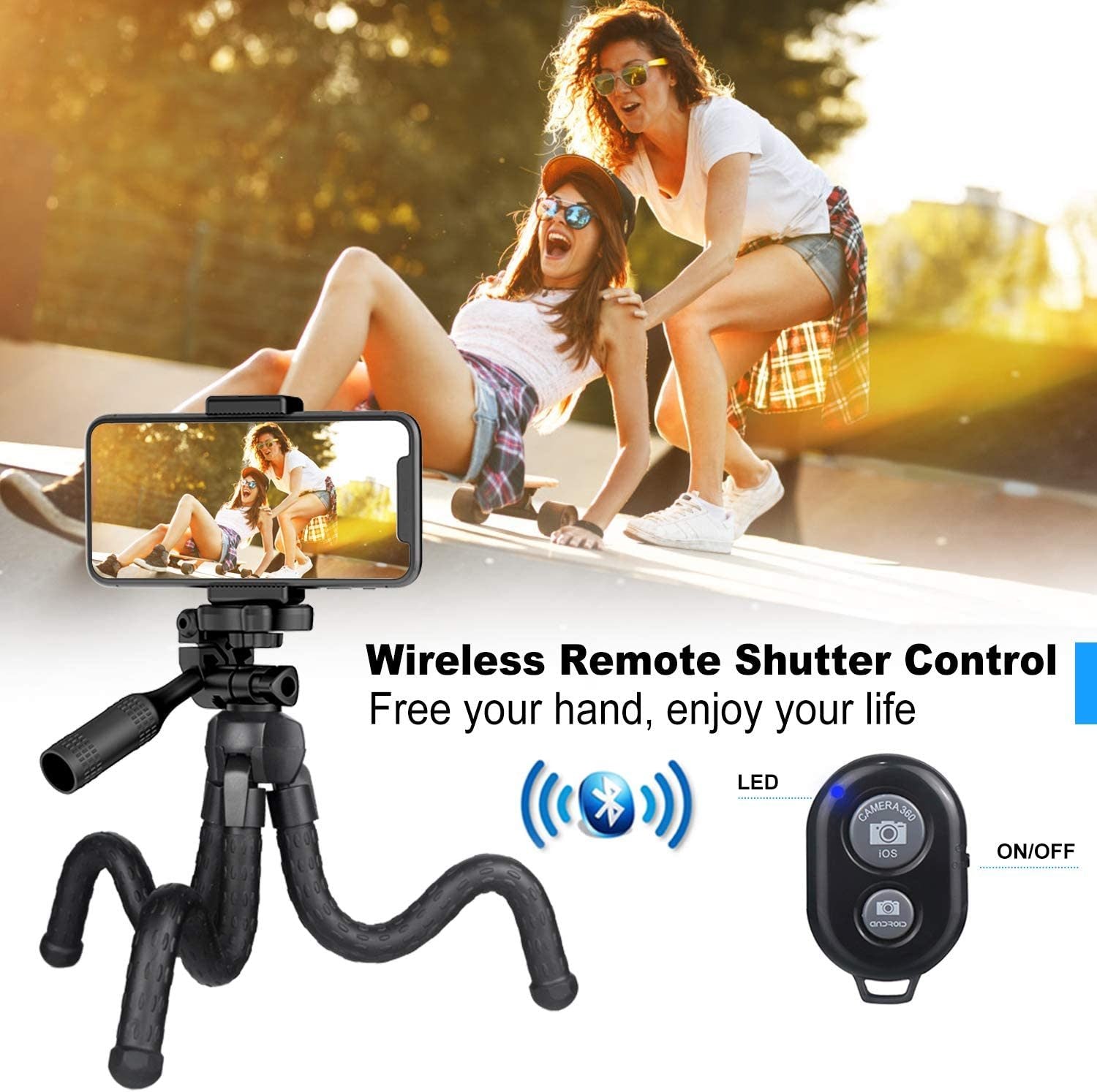 Black flexible tripod phone holder with wireless remote shutter control