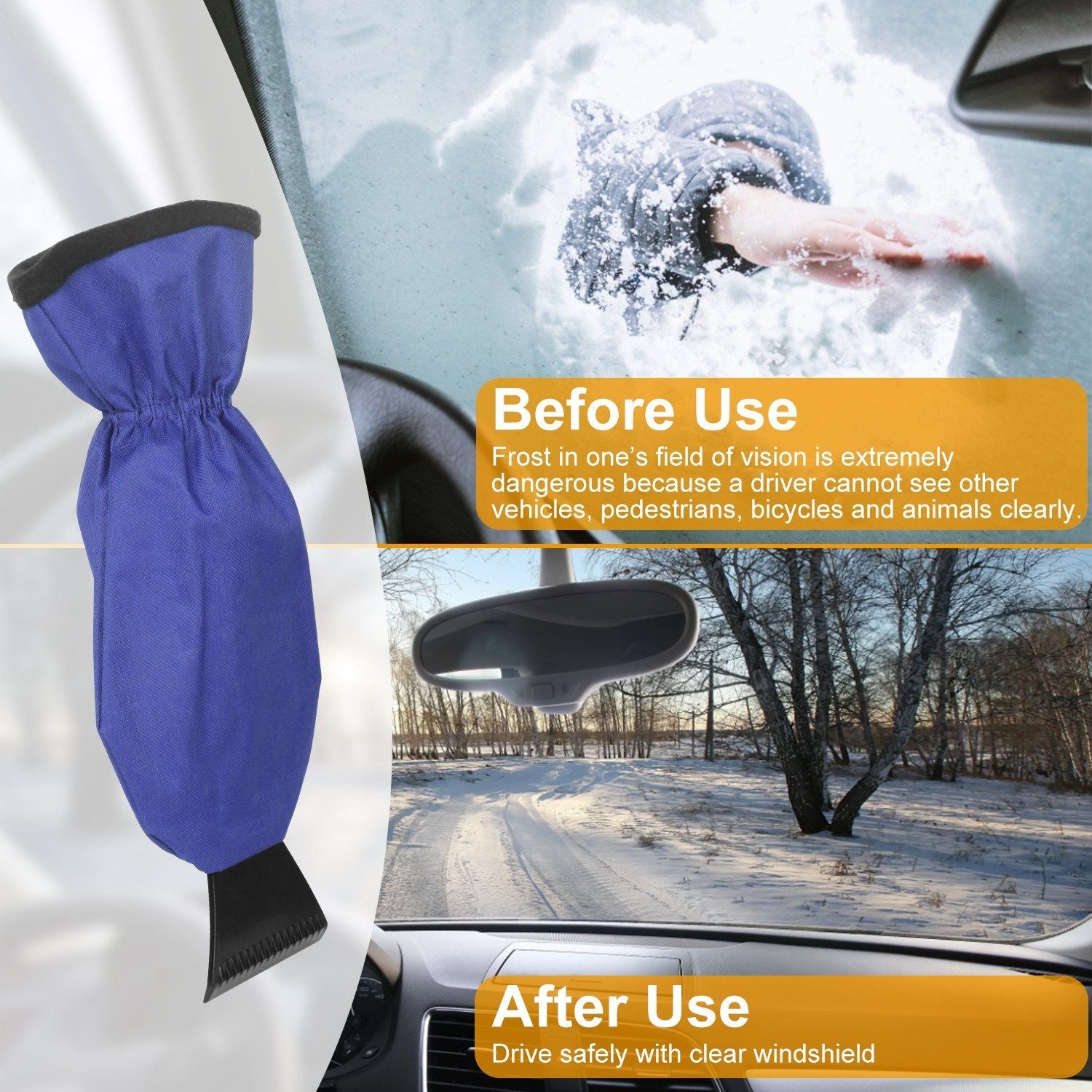 Blue ice scraper glove with black blade clearing snow and ice from car window
