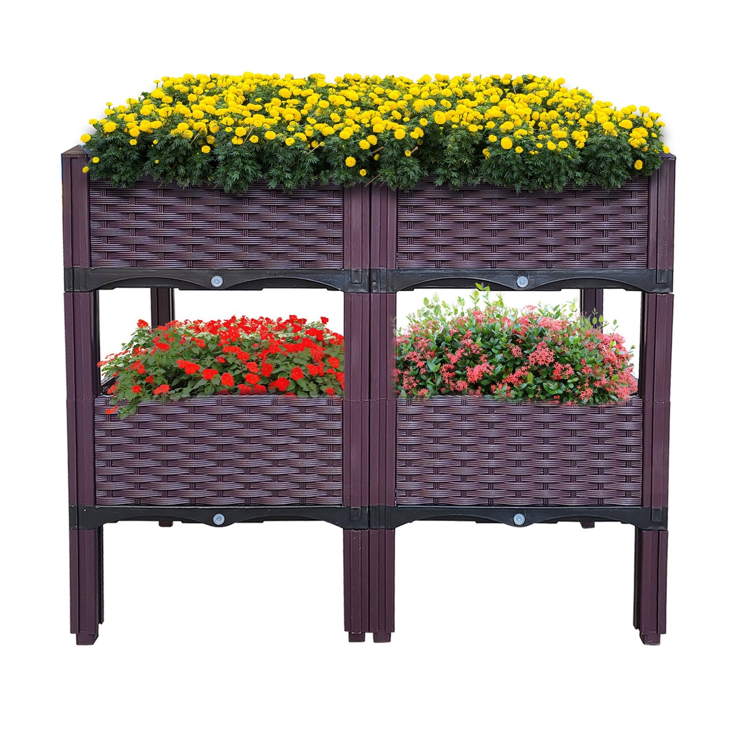 Dark purple raised garden bed planter with four compartments and four legs, topped with flowers
