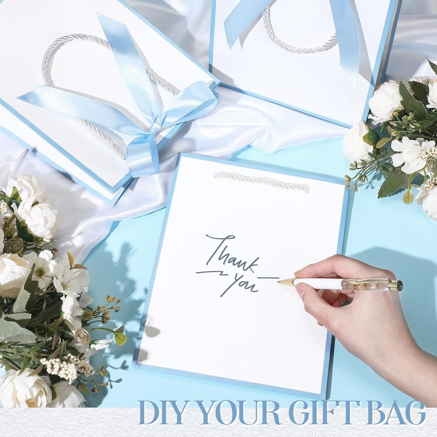 12 Pcs Paper Gift Bags with Handle 9x7x3.15'' Thank You Gift Bags with Bow Ribbon for Holiday Valentines Wedding Bridal Baby Shower Birthday Party
