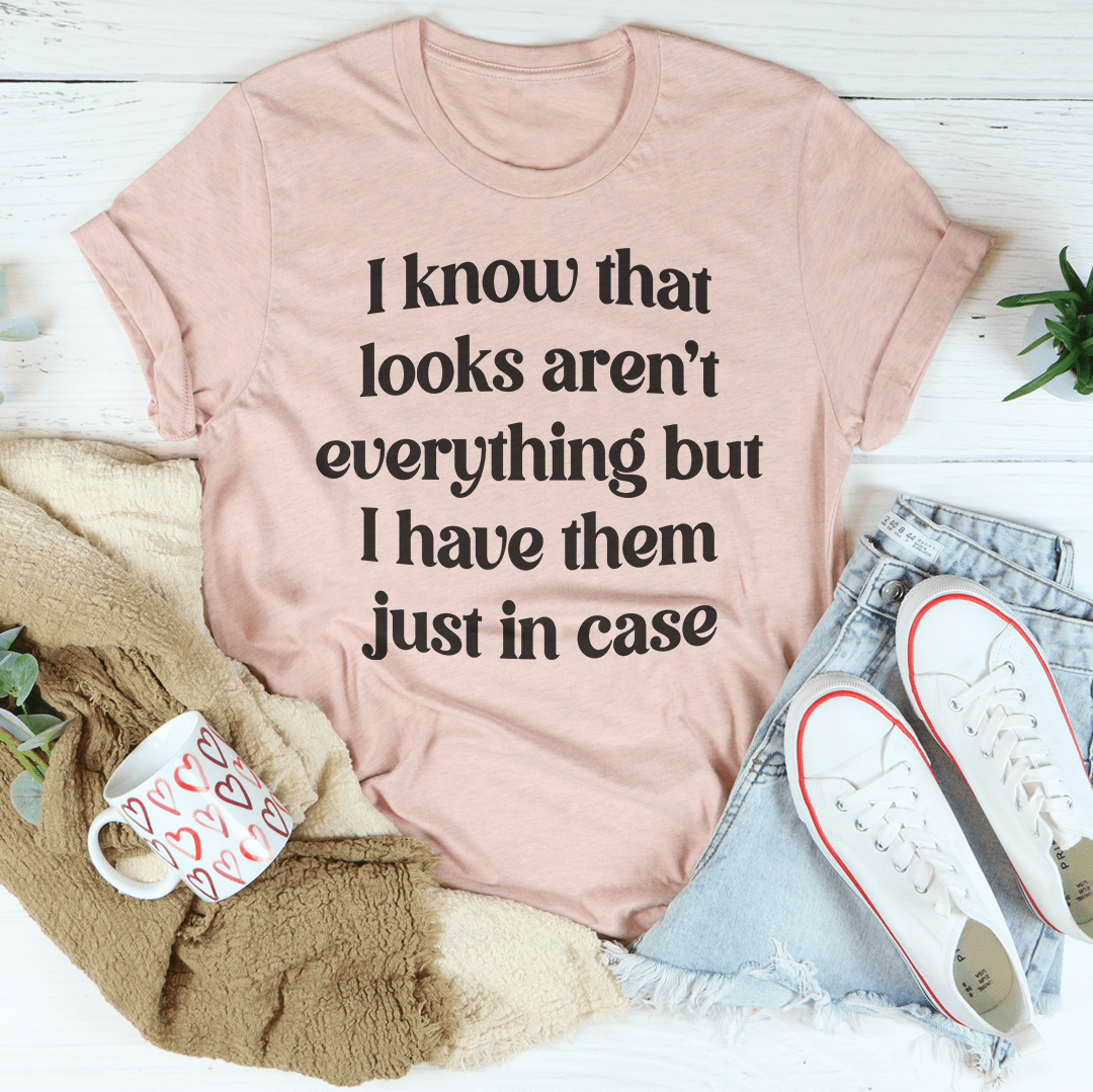 Heather Prism Peach crewneck T-shirt with large dark quote text: I know that looks...