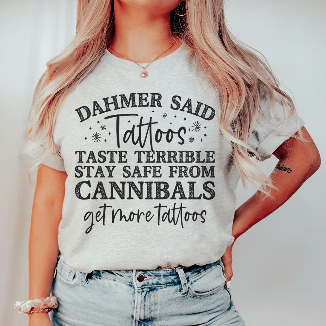 Heather gray t-shirt with tattoo-themed graphic and “get more tattoos” lettering