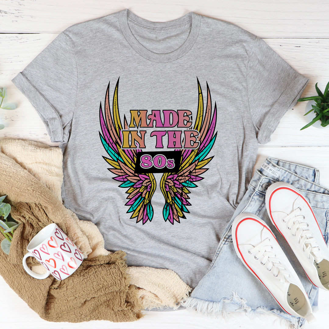 Heather gray T-shirt with colorful "Made in the 80s" wing graphic