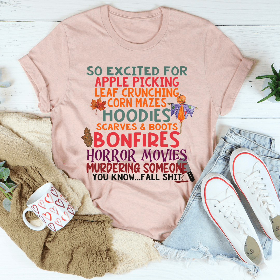 Heather peach T-shirt with colorful fall-themed lettering graphic