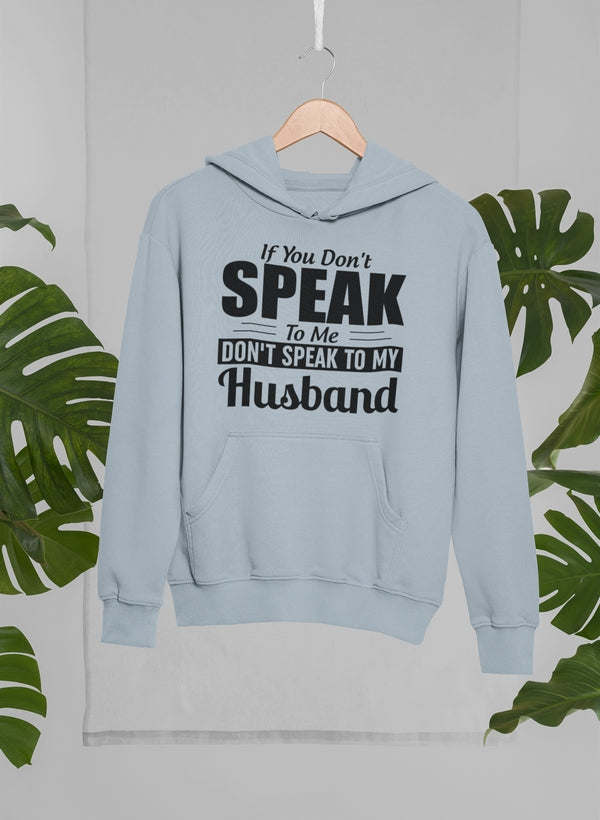 Light blue hoodie with front text graphic and hood pouch pocket