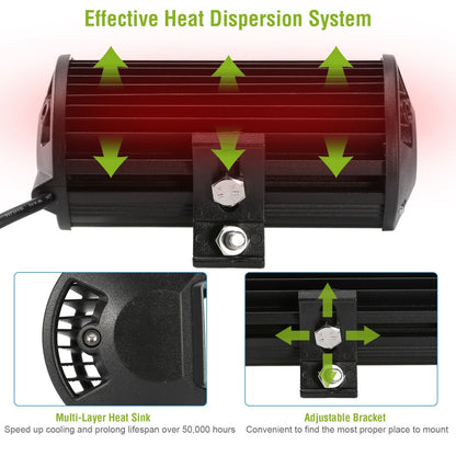 Black LED light bar with heat sink fins and adjustable mounting bracket