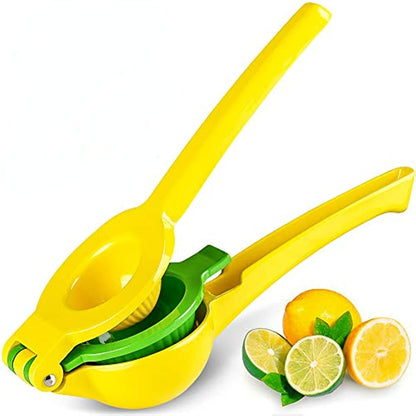 Yellow-green manual citrus juicer with long handle and round bowl for squeezing