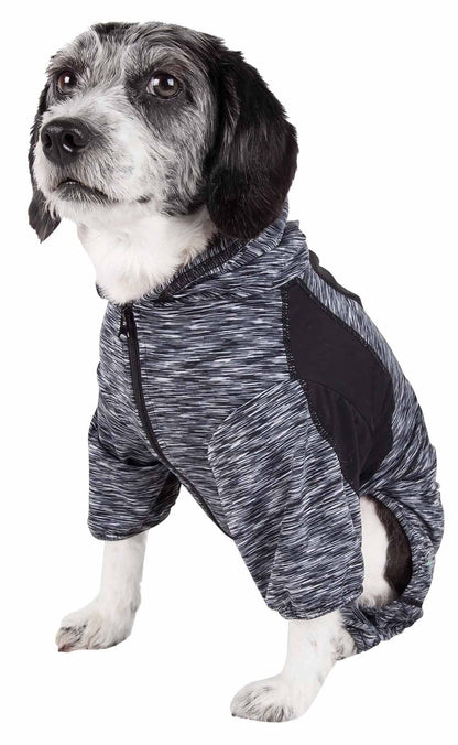Dog full-body warm up hoodie, heathered black and gray with black side pocket