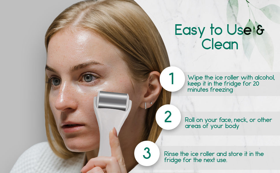 Body massage ice roller touching face near cheekbone, silver roller head