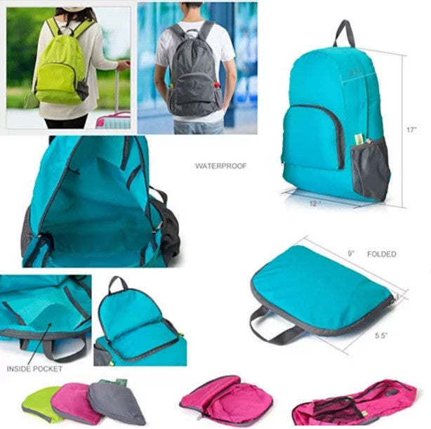 Blue folding backpack with waterproof fabric, front pocket, and compact folded profile.
