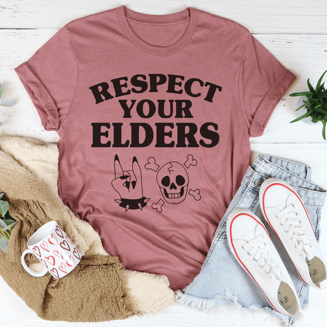 Pink crew-neck T-shirt with 'RESPECT YOUR ELDERS' lettering and skull graphic