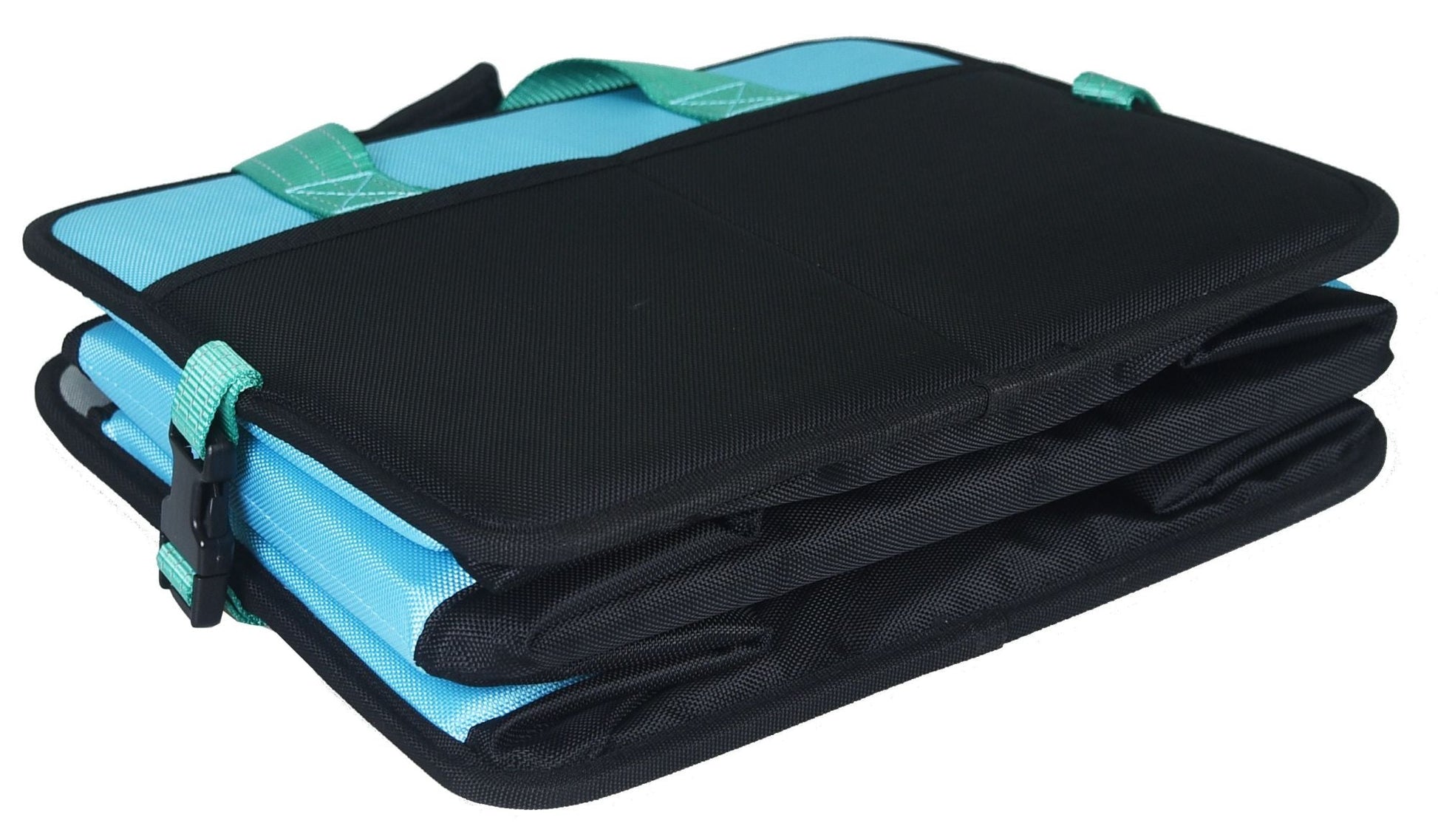 Folded travel pet bed in black and light blue with teal straps and top flap.