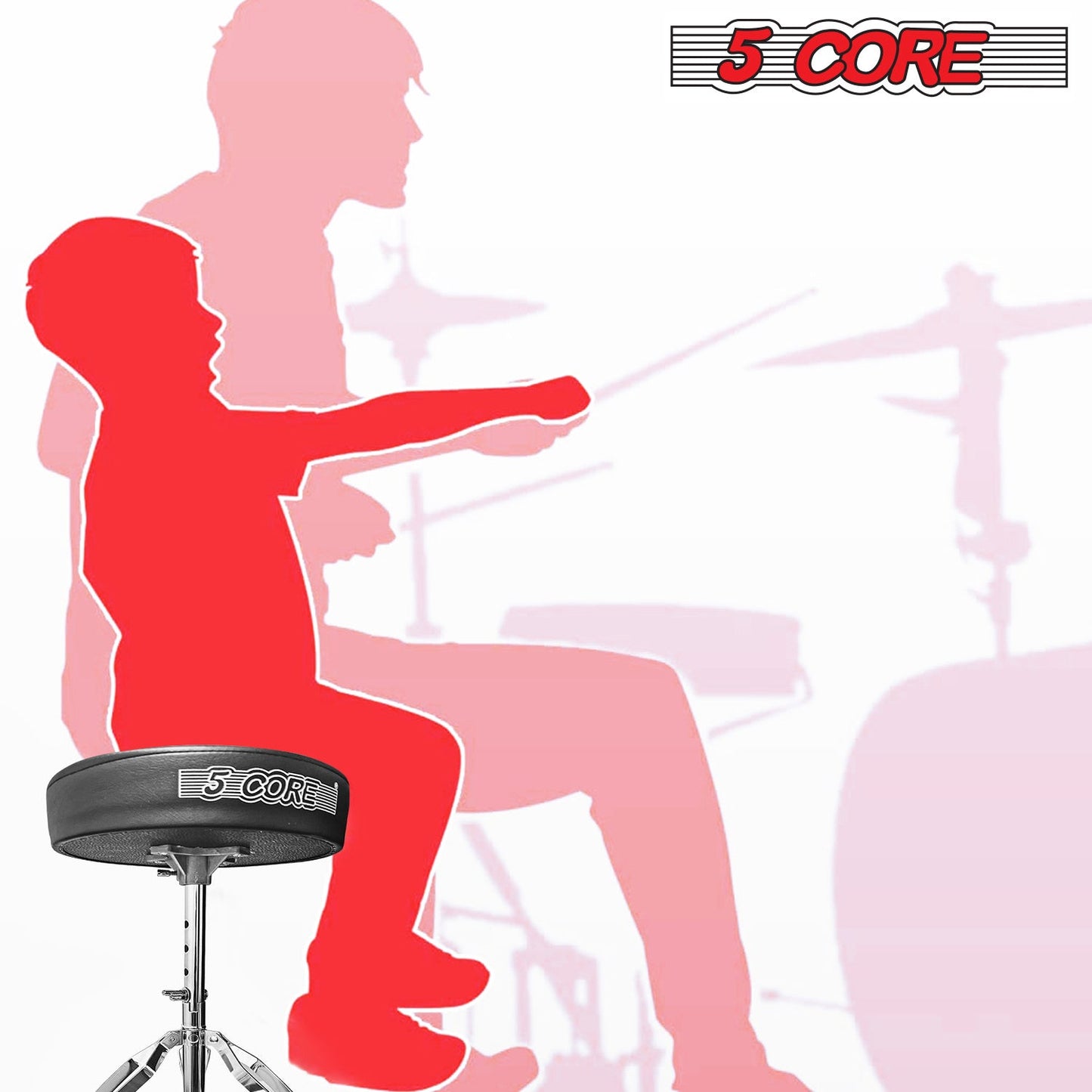 Black round padded drum stool seat with chrome tripod legs, adjustable height.
