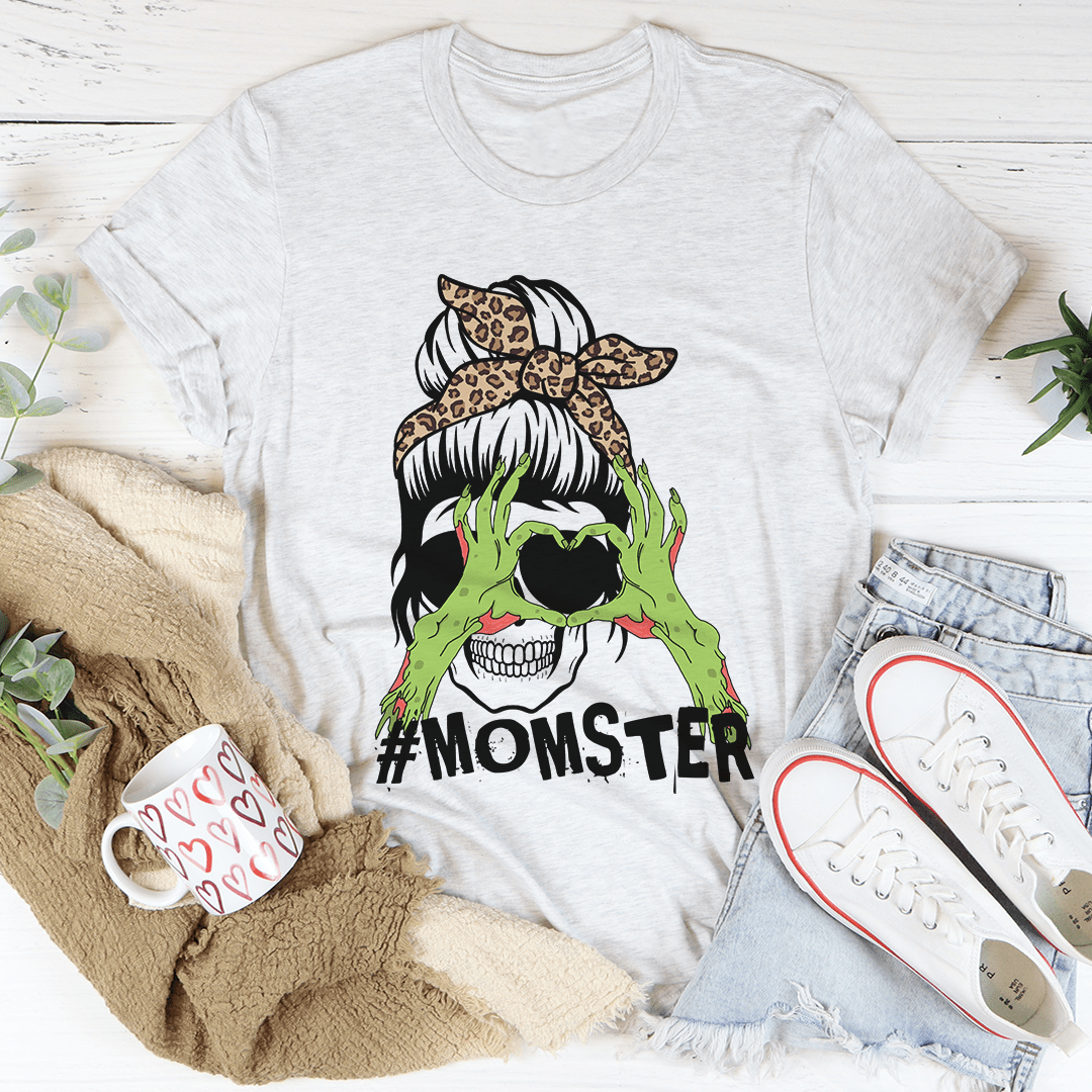 Heather gray crewneck T-shirt with #MOMSTER monster graphic