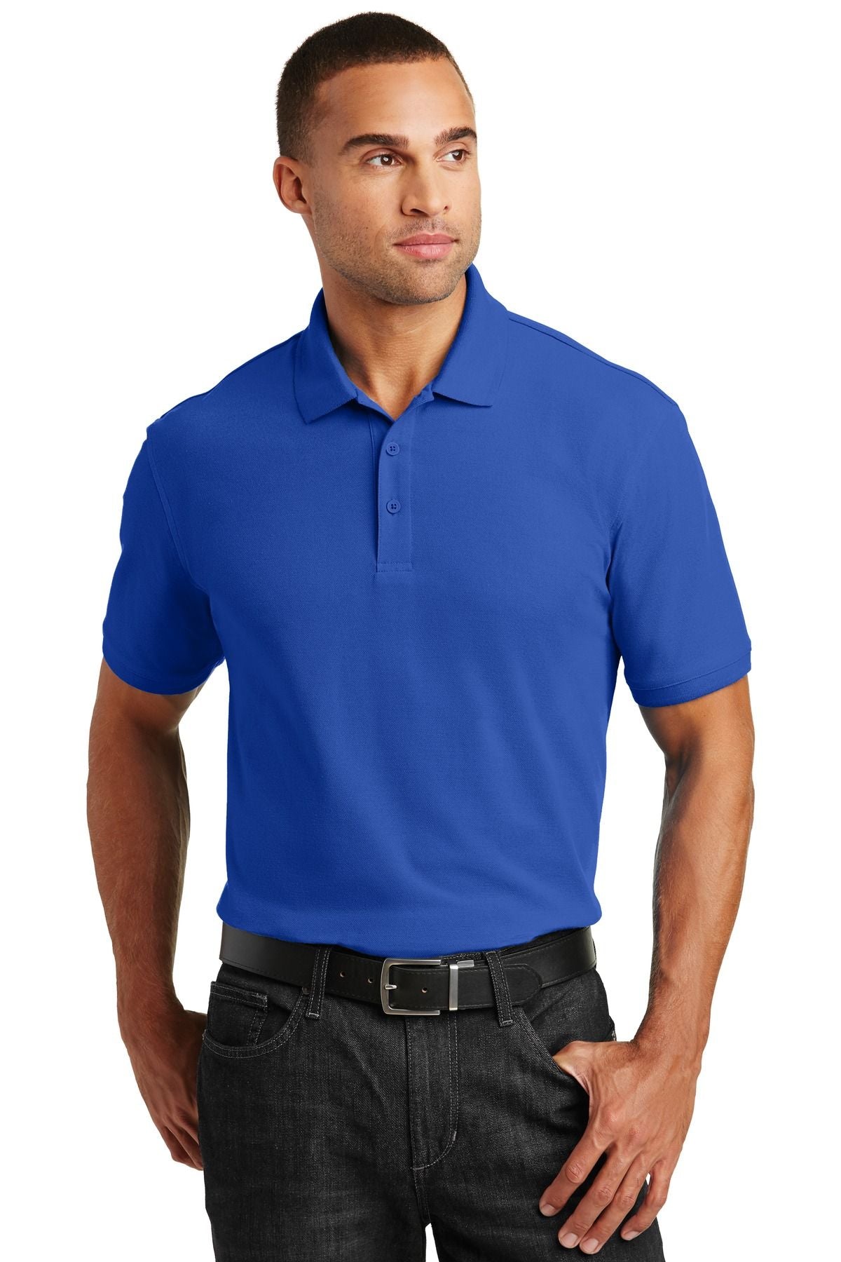 Men's pique polo in royal blue with short sleeves and button placket