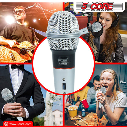 Close-up of handheld microphone with silver mesh grille and switch buttons on handle
