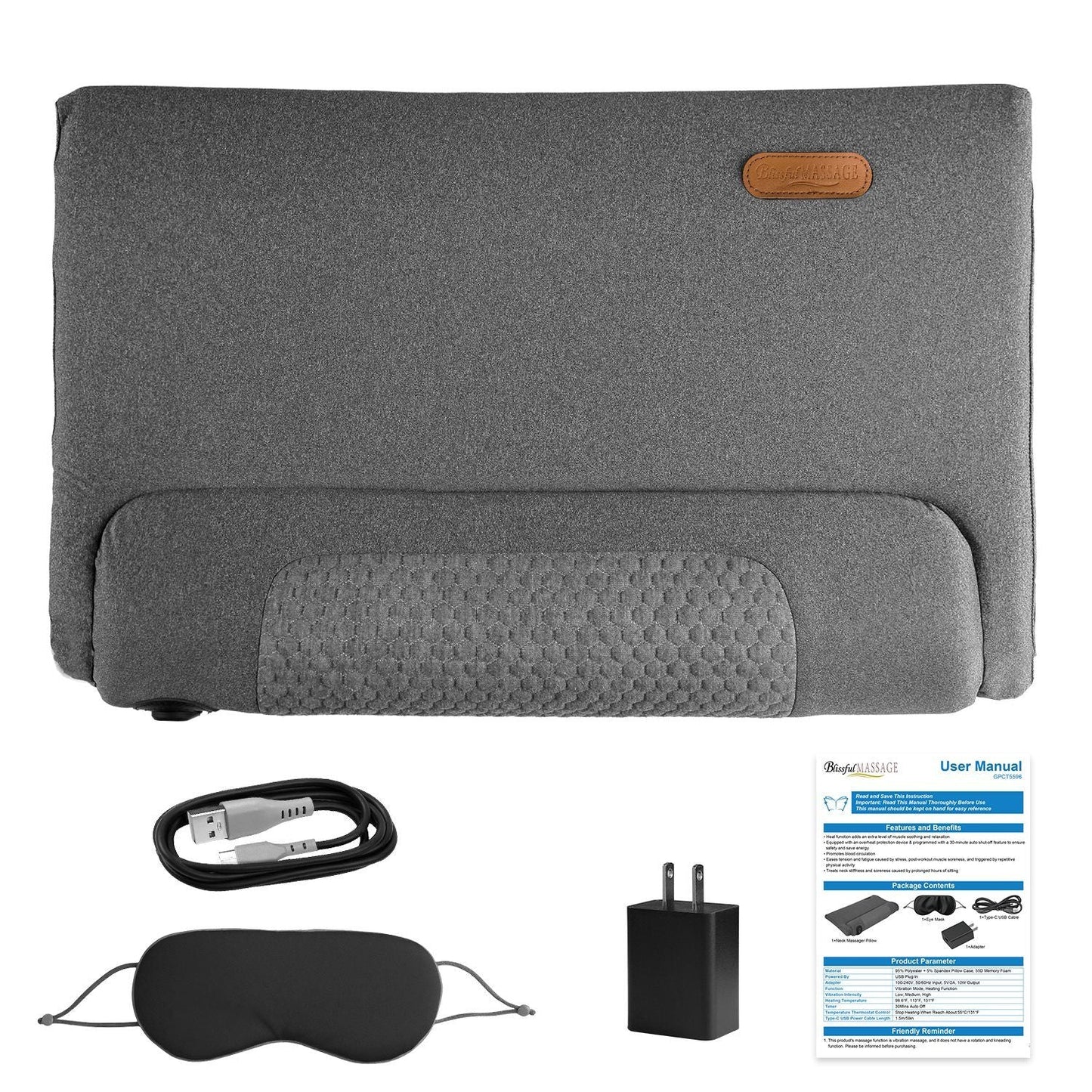 Dark grey neck massager pillow with textured heating area, plus cable and user manual