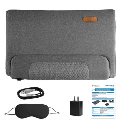 Dark grey neck massager pillow with textured heating area, plus cable and user manual