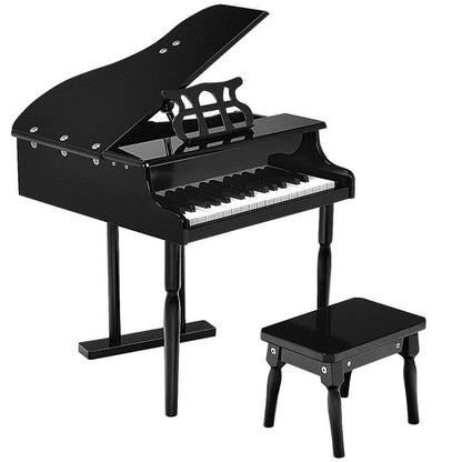 Black kids toy piano keyboard with hinged lid and music rack, plus bench