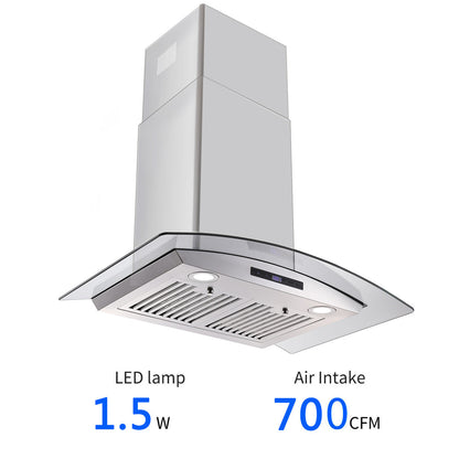 30-inch wall mounted range hood with stainless steel filter area and curved glass canopy