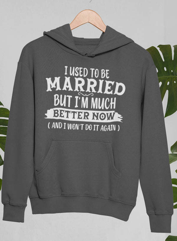 Dark gray pullover hoodie with front quote graphic and kangaroo pocket