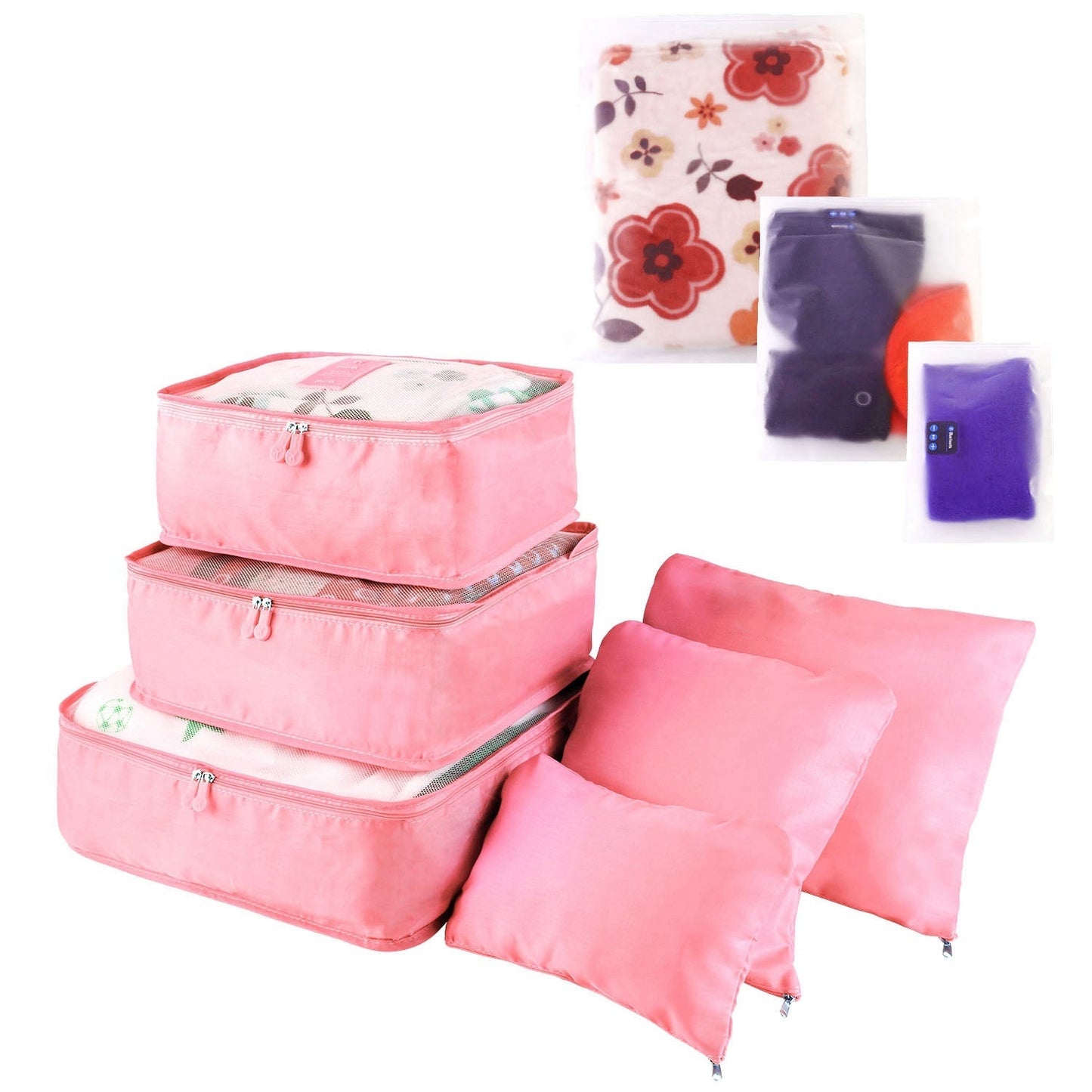 Pink packing cubes set with multiple zip pouches and folded organizer bag panels