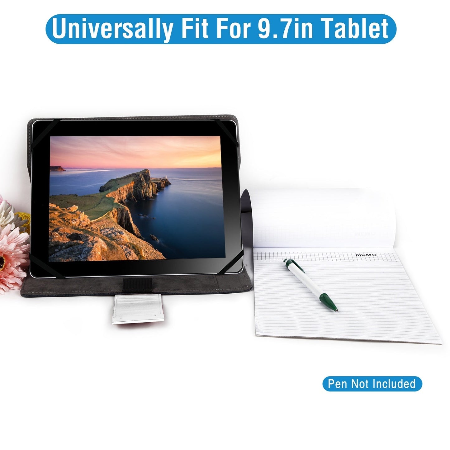 Navy 9.7-inch tablet organizer case with open cover and writing memo sheet.