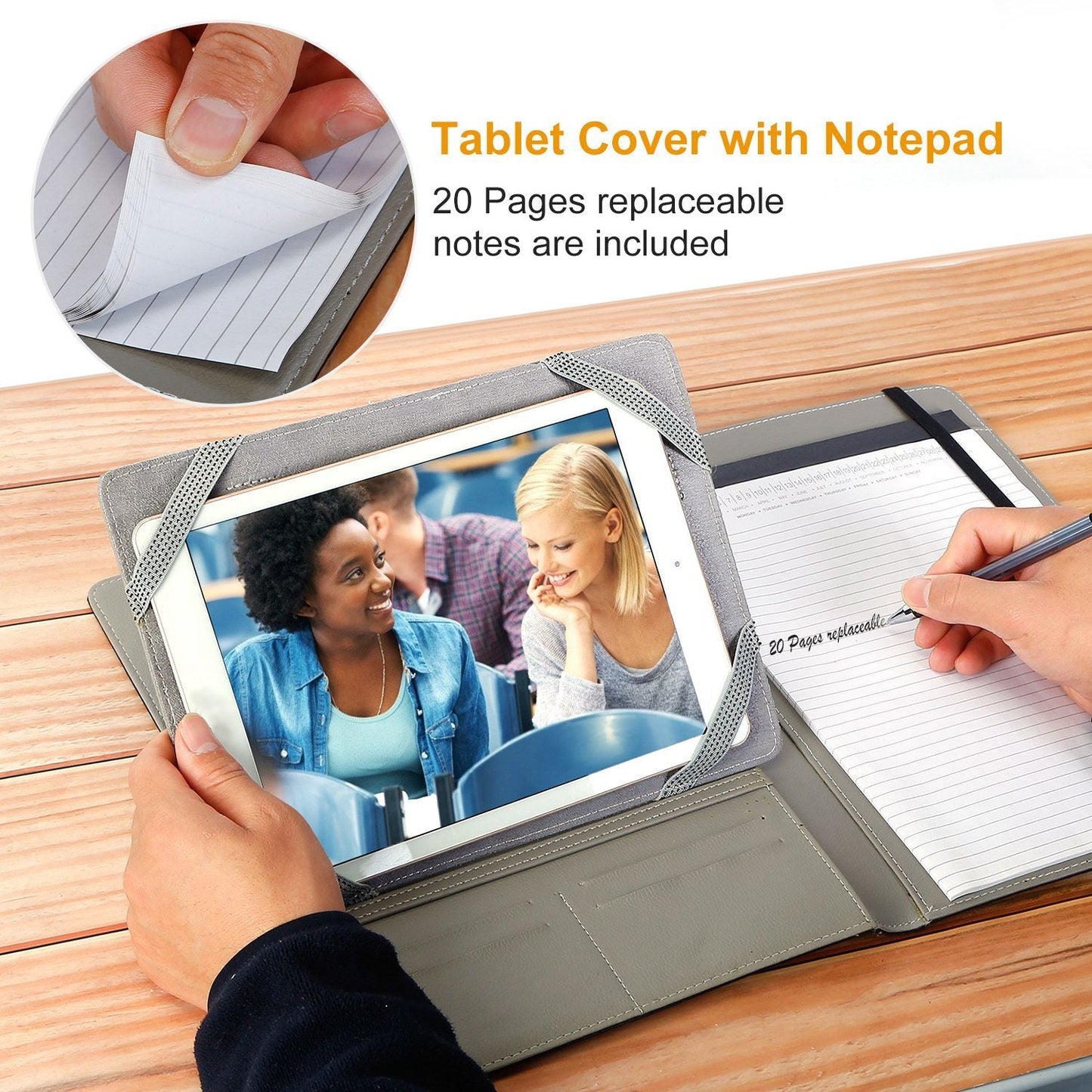 Tablet cover with built-in notepad area and tablet holder, open with lined pages
