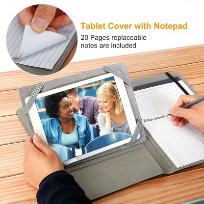 Tablet cover with built-in notepad area and tablet holder, open with lined pages