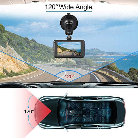 Dash cam mounted on windshield with 120° wide-angle view on screen