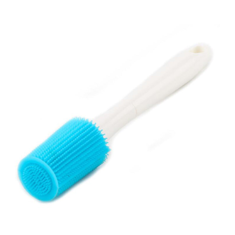 Silicone bottle cleaning brush with long white handle and blue cylindrical scrubbing head