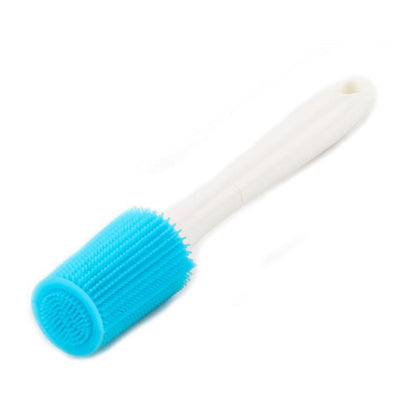 Silicone bottle cleaning brush with long white handle and blue cylindrical scrubbing head