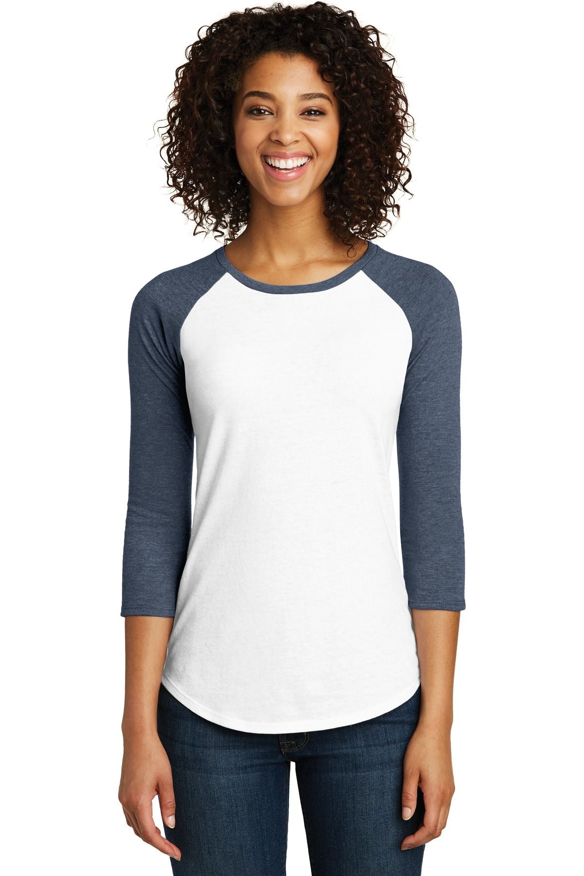 Women’s fitted raglan tee with contrast 3/4 sleeves, white body and heathered navy sleeves