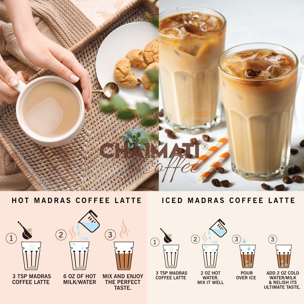 Hot and iced latte drinks with coffee beans and milk setup