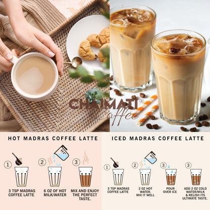Hot and iced latte drinks with coffee beans and milk setup