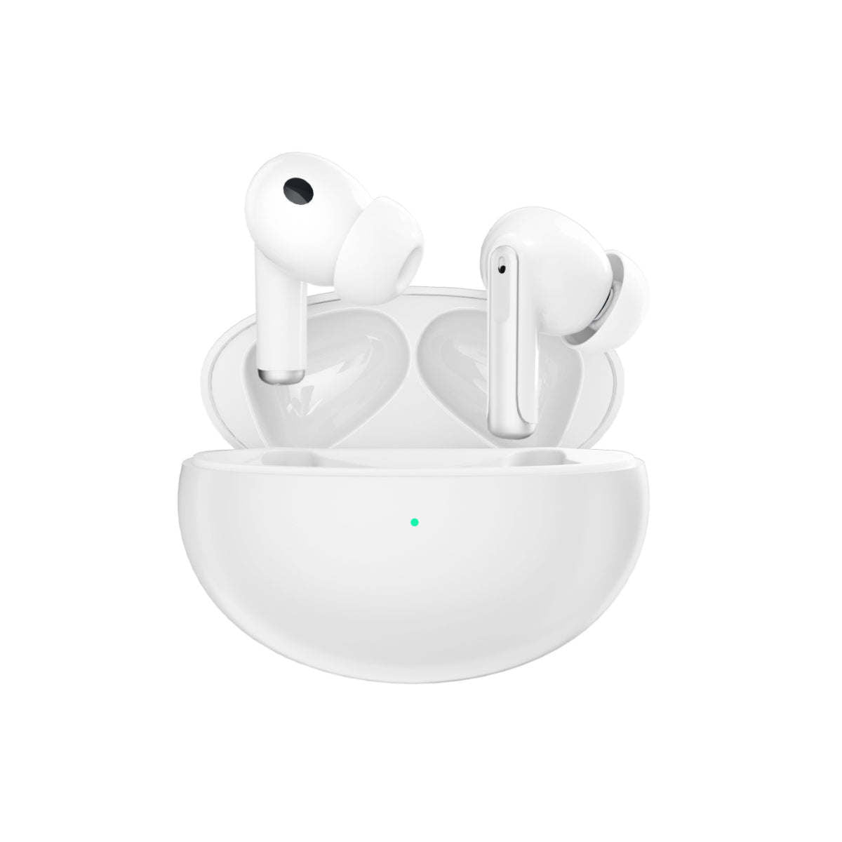 White wireless earbuds with charging case, two earbuds shown upright