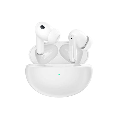 White wireless earbuds with charging case, two earbuds shown upright