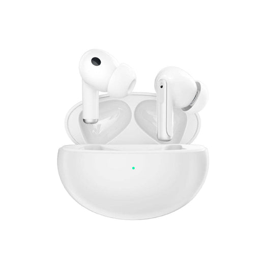 White wireless earbuds with charging case, two earbuds shown upright