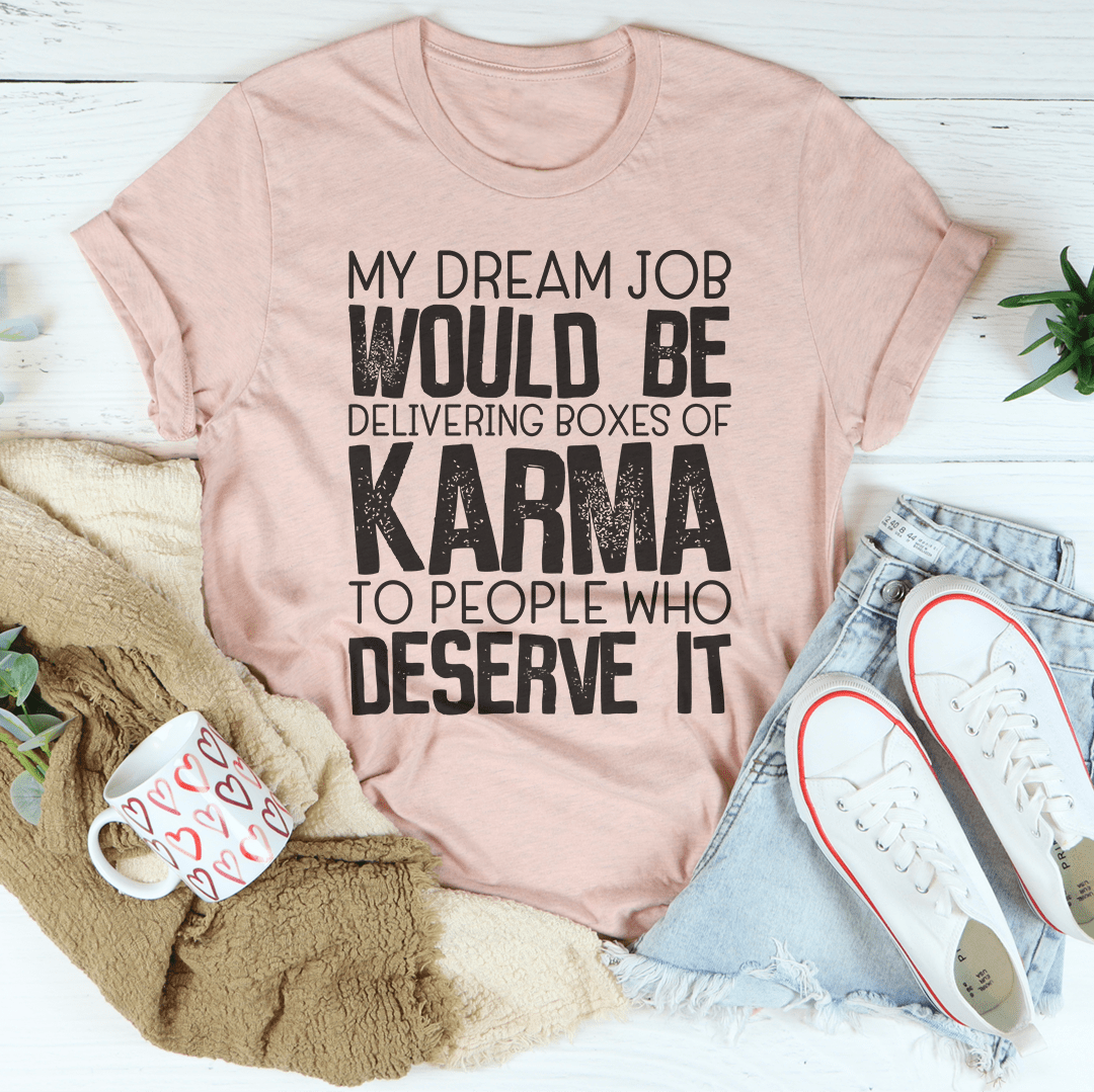 Dusty pink crewneck T-shirt with KARMA slogan front graphic