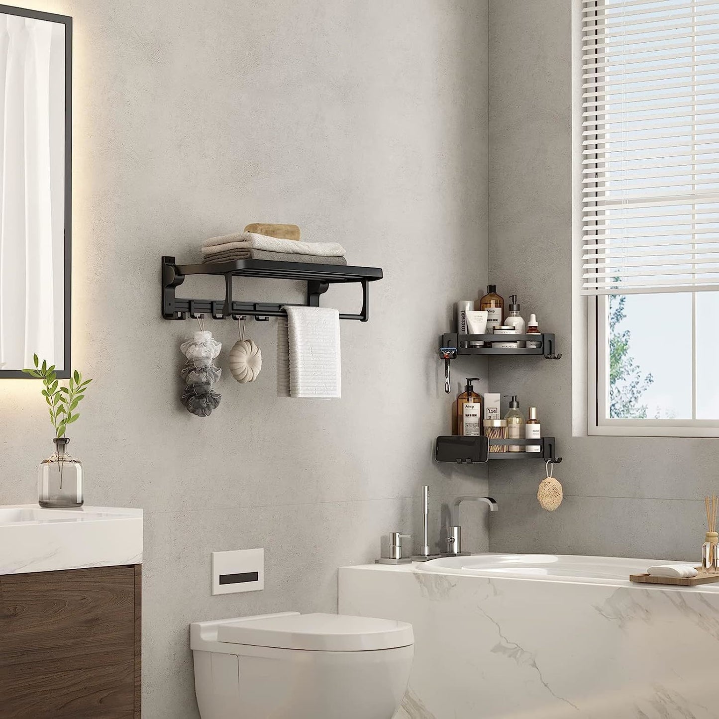 Black corner shower shelf caddy with two tiers, side hooks, and bar towel holder