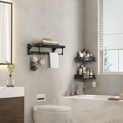Black corner shower shelf caddy with two tiers, side hooks, and bar towel holder