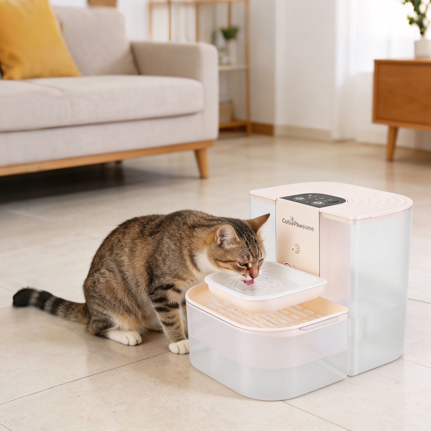 Automatic pet water fountain with beige-and-white body and open drinking tray